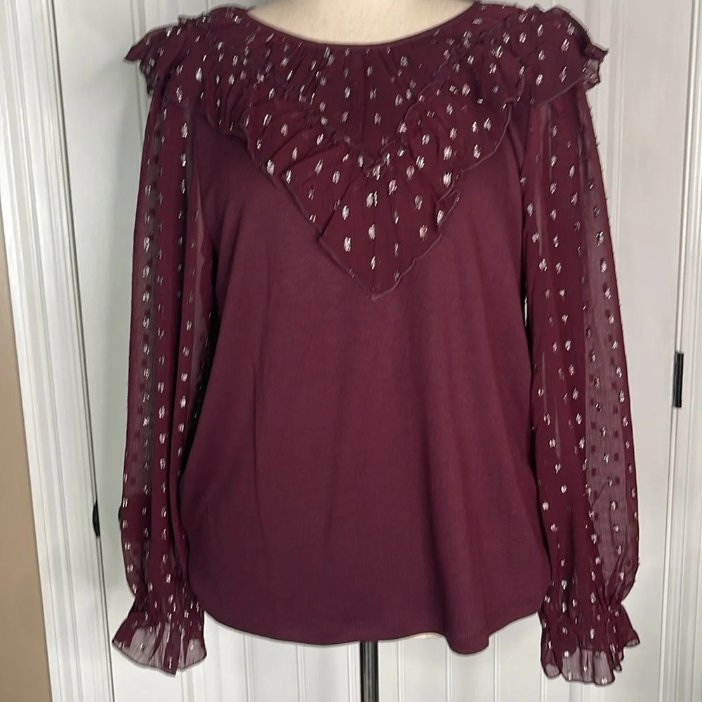 LOFT Shimmer Dotted Ruffle Yoke Mixed Media Top Sz XXL/Crushed Blackberry - Picture 2 of 10